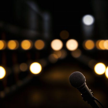 A microphone on a stage in front of a blurred out audience.の素材