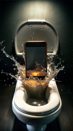 A modern smartphone falls into a toilet.の素材