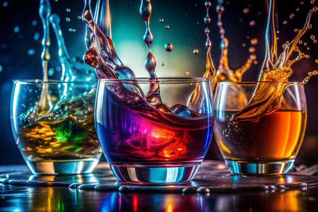 Three glasses of different colored drinks are splashing water on a table. The colors of the drinks are green, blue, and red. Scene is fun and lively, as the drinks are being poured and splashed around.の素材