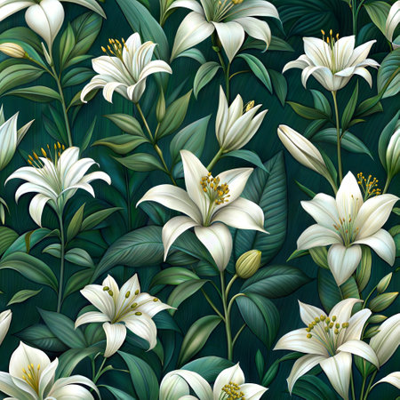 Seamless pattern of white lilies. The flowers are arranged in such a way that they create a sense of movement and depth. The scene is serene and calming.の素材