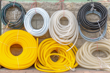 A bunch of different colored pipes are hanging on a wall. The yellow pipe is the most prominentの写真素材