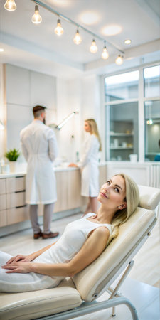 Relaxed young woman lying on massage table in beauty salon and looking awayの素材