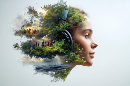 The woman's face is made up of trees, water and forest. The image is a creative representation of the woman's head and includes a pair of headphones.の素材