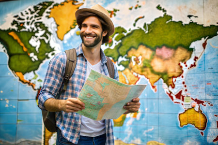 A man in a hat and with a backpack stands in front of a large map of the world, holding a paper map in his hands. Several continents are depicted in the backgroundの素材
