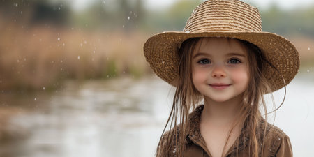 Little girl in a straw hat smiling against the background of a river.の素材
