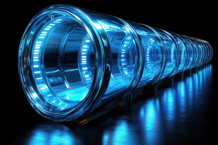 A futuristic, illuminated tunnel with a series of transparent, cylindrical sections glowing with blue light. It is interesting due to its advanced, high-tech appearance and the potential applications in science or transportation.の素材