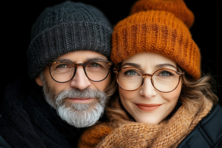 Two beautiful elderly people in winter clothes and glasses. A loving couple, husband and wife.の素材