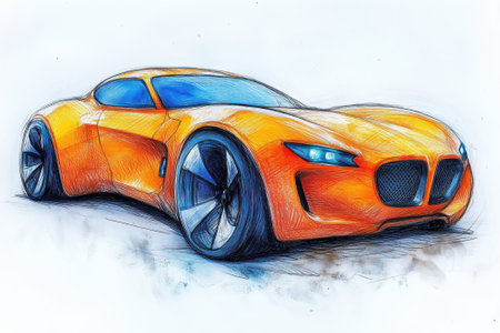 A orange sports car with a sleek and futuristic design. The car features large wheels, aerodynamic curves, and distinctive headlights.の素材