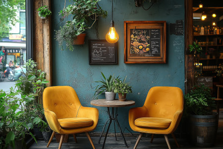 A cozy cafe corner with two yellow chairs facing a small round table adorned with potted plants. The background features a teal wall with hanging plants, a framed menu, and a large illuminated bulb, creating a warm and inviting atmosphere.の素材