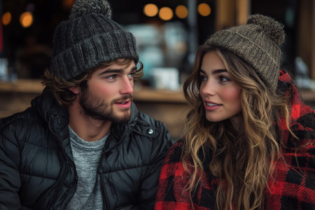 A handsome young man and a beautiful young woman look at each other with love. The atmosphere is one of mutual understanding and friendliness.の素材
