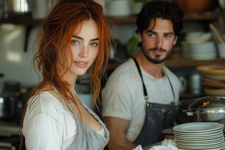 A young man and woman stand in the kitchen next to a pile of dirty dishes. Both are waiting for something.の素材