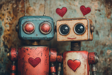 Two vintage-style robots with heart decorations on their chests stand side by side. The robots have a weathered, rustic appearance, and their design evokes a sense of nostalgia and charm.の素材