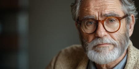 An old man with glasses and a gray beard on a gray background.の素材
