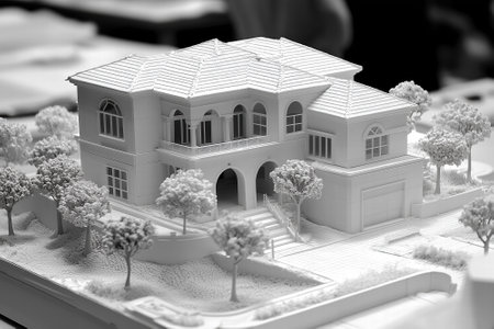 A architectural model of a two-story house with a tiled roof, arched windows, and a garage. The model includes landscaping with trees and pathways.の素材