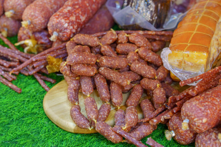 A variety of meats and sausages are displayed on a wooden cutting board. The meats include hot dogs,...