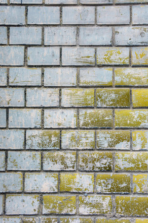 The brick wall is coated in blue paint, with scattered green stains adding an accidental touch. The imperfect finish creates a raw, urban aesthetic.の写真素材
