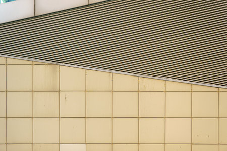 A modern building with a contrasting composition of diagonal lines and square panels showcases...