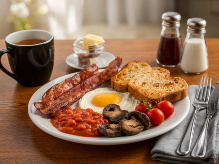 English breakfast with egg, bacon, sausages, and toast served on a white plate. The scene conveys a hearty morning meal setting.の素材