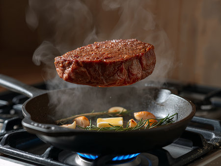 Raw steak above a hot skillet with rosemary and butter, ready for searing. A dynamic scene highlighting meat texture and the cooking process.の素材