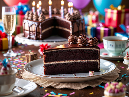 Chocolate cake with frosting and candles on a festive table decorated with confetti and gifts. One slice is placed on a plate, surrounded by drinks and sweets.の素材