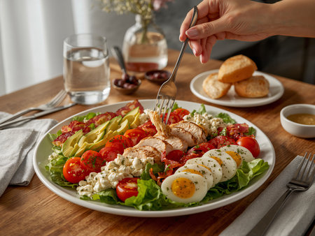 Chilaquiles with eggs, avocado, and cheese served with side dishes on a wooden table. The scene conveys the mood of a traditional Mexican breakfast.の素材