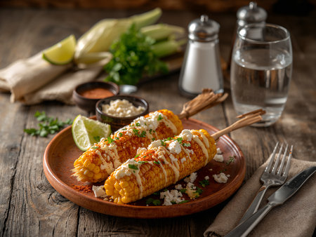 Elote â Mexican street corn with mayonnaise, cotija cheese, and chili powder. The scene conveys a vibrant and flavorful snack setting.の素材