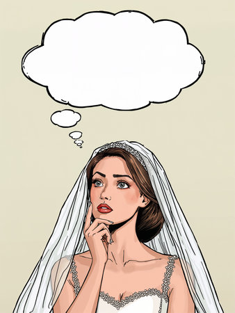 A bride in a wedding dress gazes upward with a blank thought bubble beside her. The illustration is rendered in pop art style.の素材