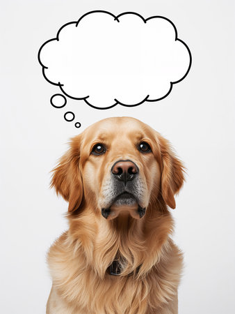 A Golden Retriever dog with a neutral facial expression looks directly at the camera. Above its head is a blank thought bubble for text.の素材