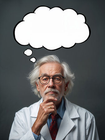 An old scientist ponders a problem. Above his head is a blank thought bubble for text.の素材