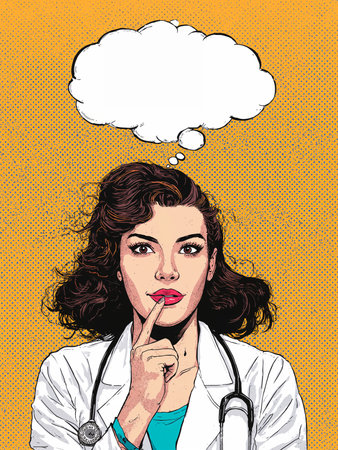 A woman in a medical coat is thinking. Above her head is a blank thought bubble for text.の素材