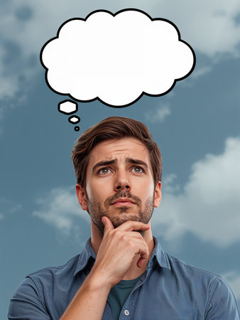 A young man in a blue shirt looks upward with a thoughtful expression. Above his head is a blank thought bubble for text.の素材