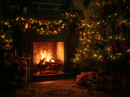 Living room with fireplace and Christmas tree decorated with garlands, candles, and presents. Warm lighting creates a cozy festive atmosphere.の素材