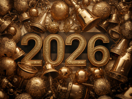 Golden 2026 lettering is surrounded by festive decorations on a dark background. The elegant composition symbolizes the arrival of the New Year.の素材