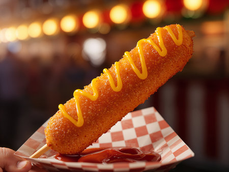 Corn dog with a golden crust and mustard is served on checkered paper with ketchup. The festive street food vibe enhances its appeal.の素材