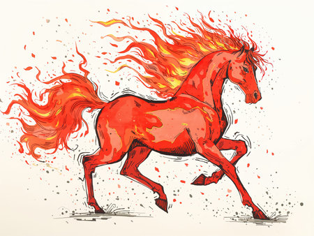 Horse as a fiery figure with blazing mane and tail. Bright flame patterns create a dynamic image of a fantasy creature.の素材