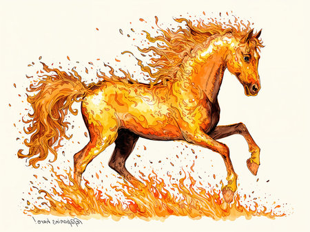Horse as a fiery figure with blazing mane and tail. Bright flame patterns create a dynamic image of a fantasy creature.の素材