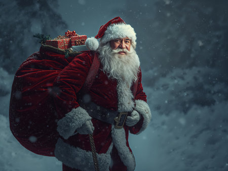 Santa Claus walks along a snowy road carrying a large sack of gifts on his shoulder. The atmosphere is festive and wintry.の素材