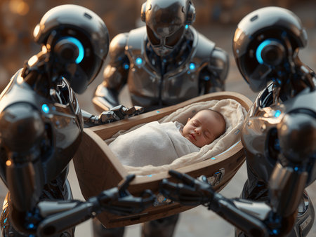 A peaceful newborn baby sleeps in a wicker cradle. Futuristic chrome robots surround the infant, suggesting AI care.の素材