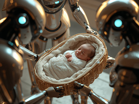 A peaceful newborn baby sleeps in a wicker cradle. Futuristic chrome robots surround the infant, suggesting AI care.の素材