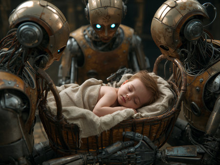 A peaceful newborn baby sleeps in a wicker cradle. Futuristic chrome robots surround the infant, suggesting AI care.の素材