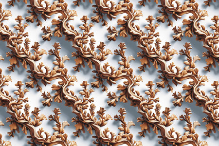 A seamless pattern of ornate, hand-carved 3D wooden floral and botanical motifs. This elegant, baroque design is ideal for backgrounds, architectural details, or luxury wallpaper projects.の素材
