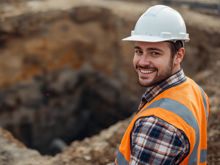 A worker in a hard hat and safety vest stands at the edge of a construction pit, smiling at the camera. The scene highlights construction safety and a worksite environment.の素材