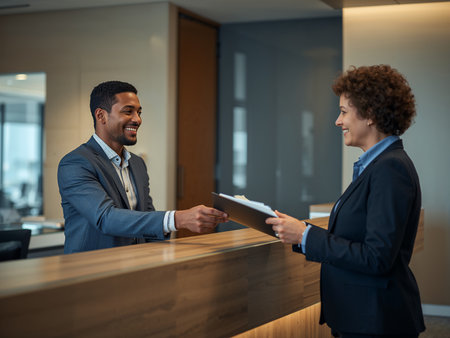 Two professionals exchange a document at a modern reception desk. The scene reflects business communication and customer service in a stylish interior.の素材