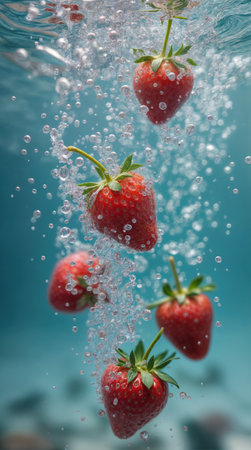 The red fruits of the strawberries float in a stream of water, surrounded by air bubbles. The water is clear, and the strawberries are the only visible objects.の素材