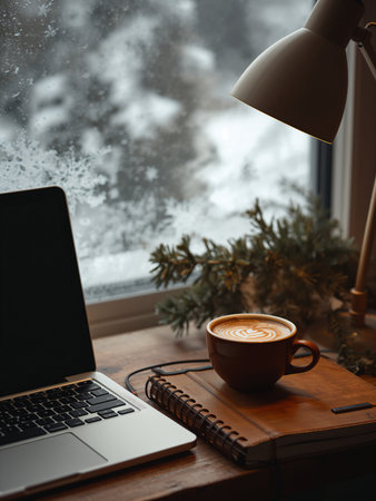 A cozy winter workspace with a laptop, a warm coffee, and festive decor overlooks a snowy window view. This inviting scene creates a perfect atmosphere for working from home during the holidays.の素材