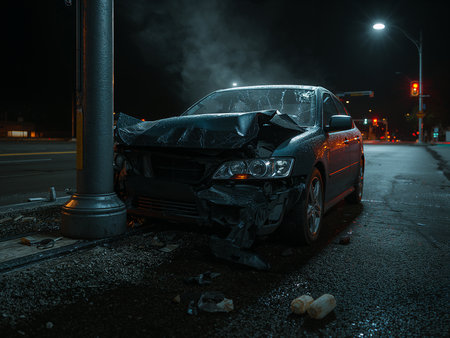 A dark sedan is severely damaged after a head-on collision with a pole on a wet street at night. Suitable for car accidents, insurance claims, and road safety themes.の素材
