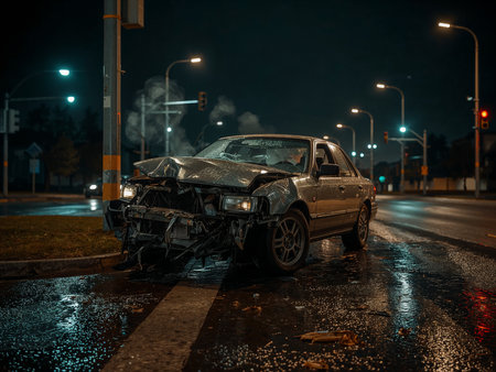 A dark sedan is severely damaged after a head-on collision with a pole on a wet street at night. Suitable for car accidents, insurance claims, and road safety themes.の素材