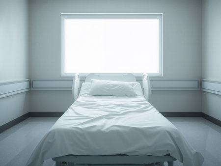 A white bed and IV stand in an empty hospital room. Bright light streams through a large window, creating a cold, clinical atmosphere.の素材