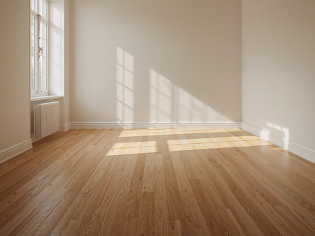 A bright, empty room with a concrete floor and white walls. Sunlight streams in through large windows, creating strong shadows and reflections on the floor.の素材