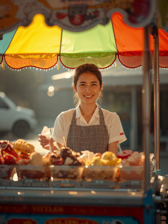 A young, smiling Asian woman stands behind a colorful street food cart on a bright, sunny day. The vendor is prepared to serve customers the various snacks and desserts displayed in containers on the counter.の素材
